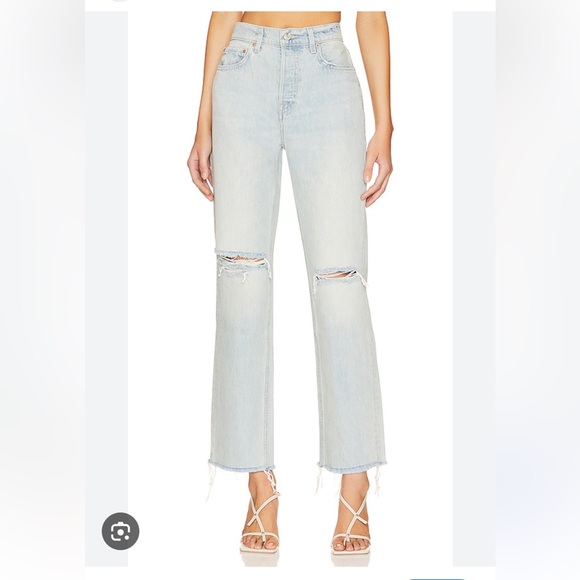 GRLFRND Blue Cassidy Mid- Rise Straight Distressed Jeans